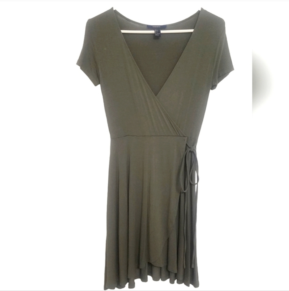 Khaki Stretch Green Mini Wrap Side Tie Dress S